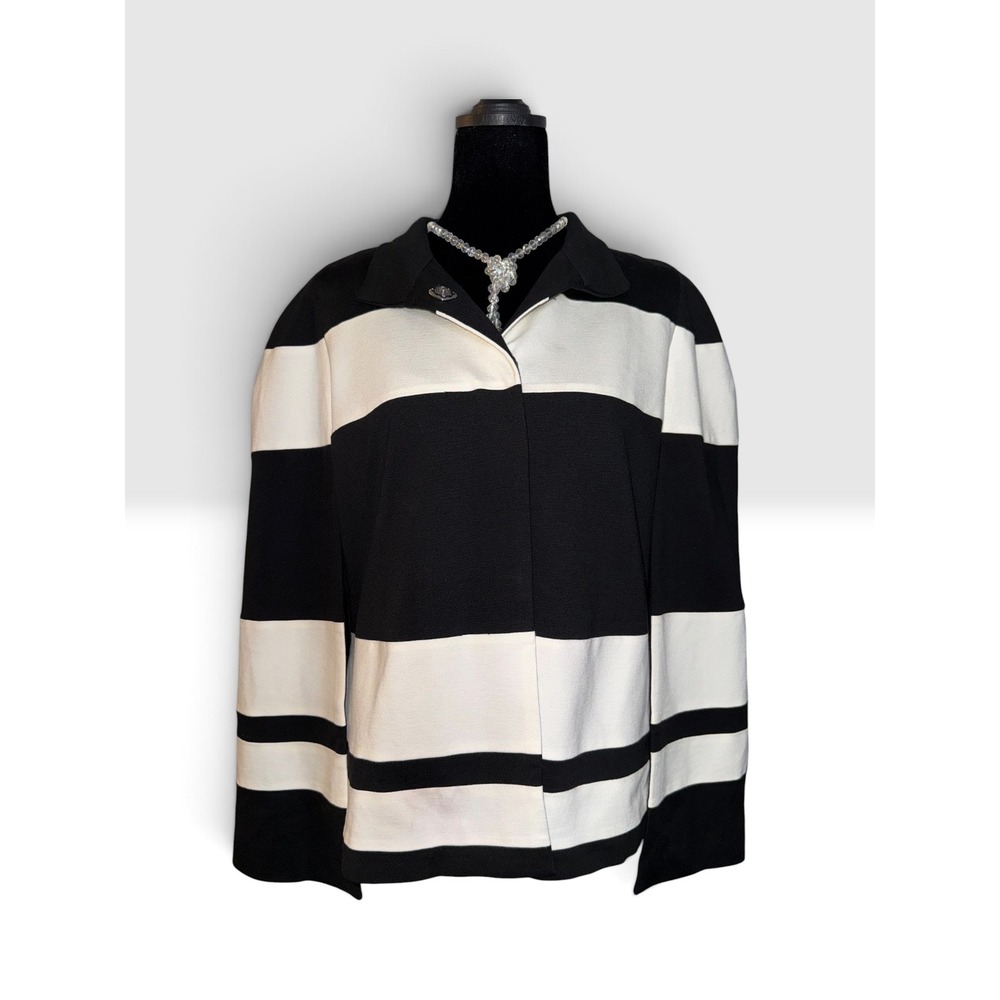 Chicos Striped Cape Jacket Black White Snap Front Collared Size 1 M NWT